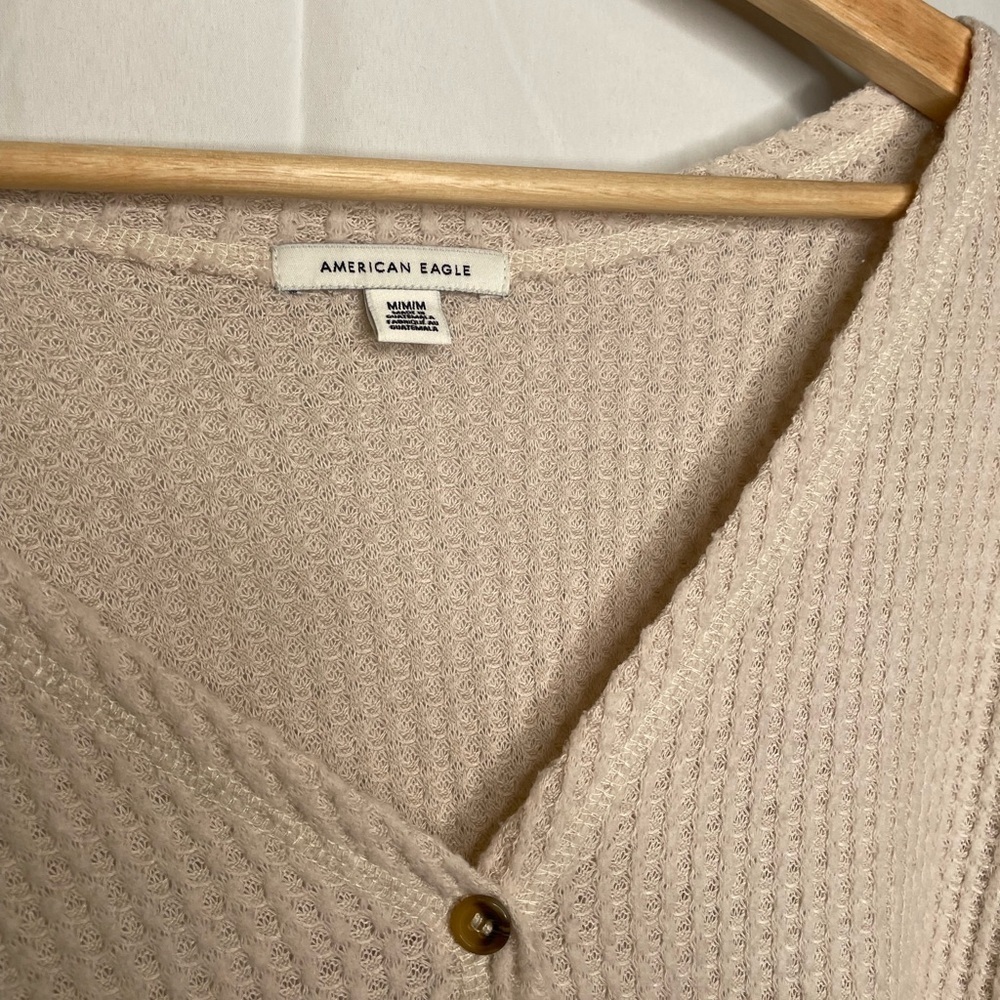American Eagle Top Ivory Waffle Knit Long Sleeve Button-Front - Picture 3 of 4